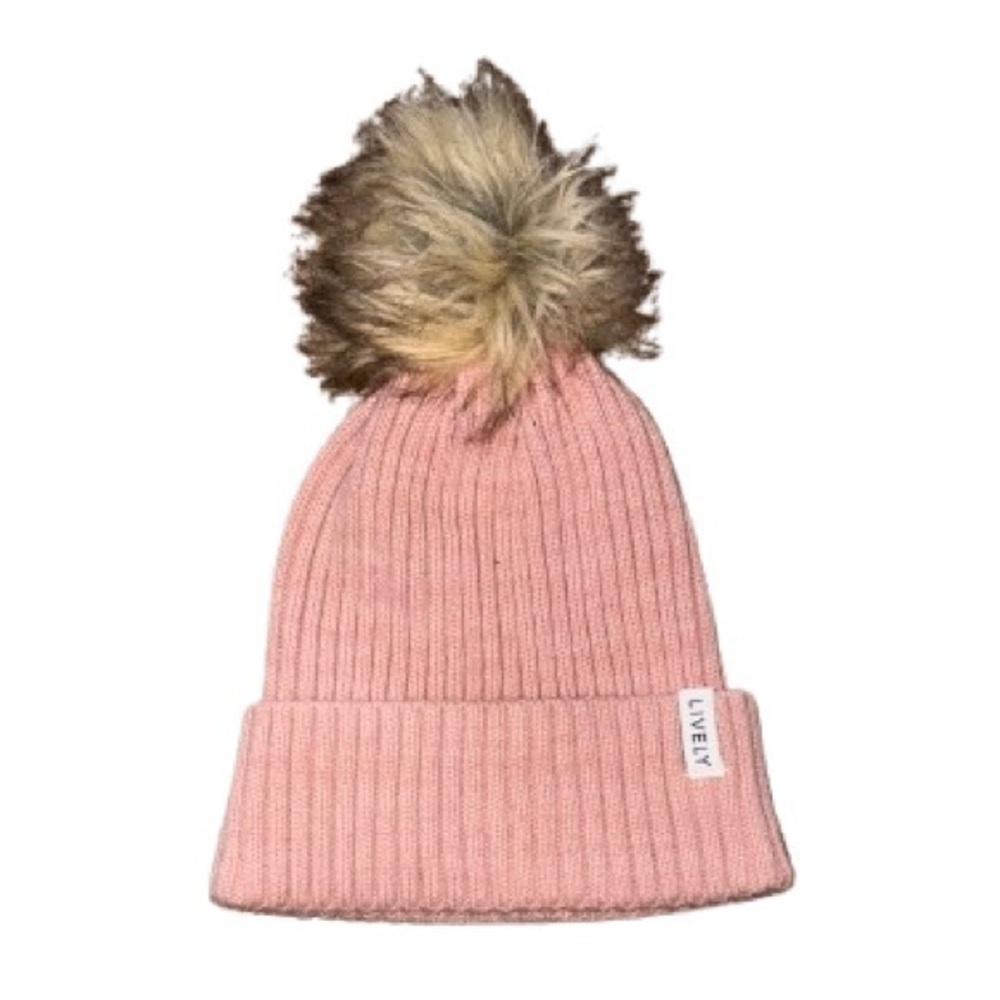Lively Tan and Pink Knit Winter Hat with Pom-Pom